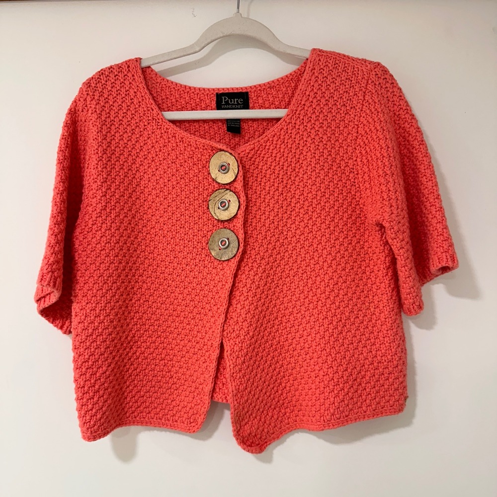 Pure Handknit Cardigan Sweater Womens S/M Coral Pink‎ Wood Button | Coastal Boho